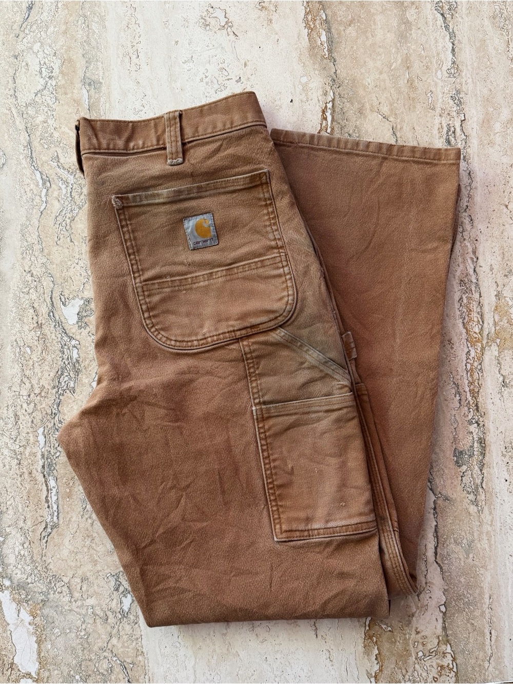 Carhartt Brown Distressed Double Knee Carpenter Pants - trashed cotton canvas